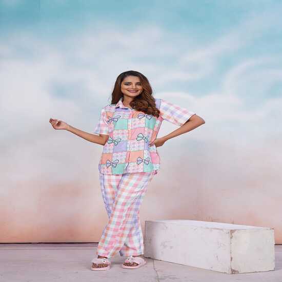 

Women s Pastel Plaid & Bow Print Night Suit | Short Sleeve Pajama Set XXL
