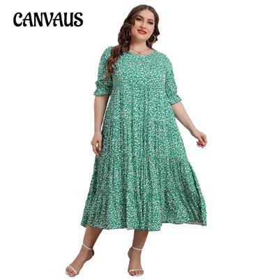 Büyük Beden Kadın Elbise Yaz Kısa Kollu Baskılı Bol Elbise Plaj Elbiseleri
