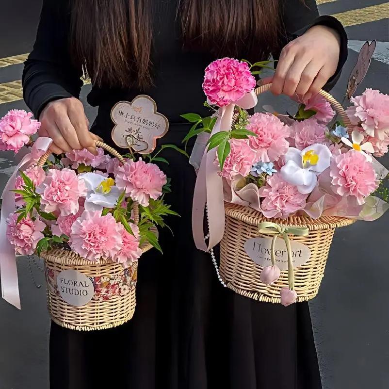 Wicker Rattan Flower Basket Wicker Woven Basket with Handle Pincnic Basket Sundries Storage Organizer Wedding Party Decor