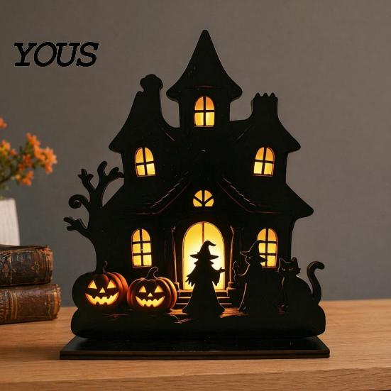 Black Matte Halloween Decoration Witch Wooden Table Centerpiece, Spooky Castle Cat Standing Durable Silhouette Tabletop Ornament for