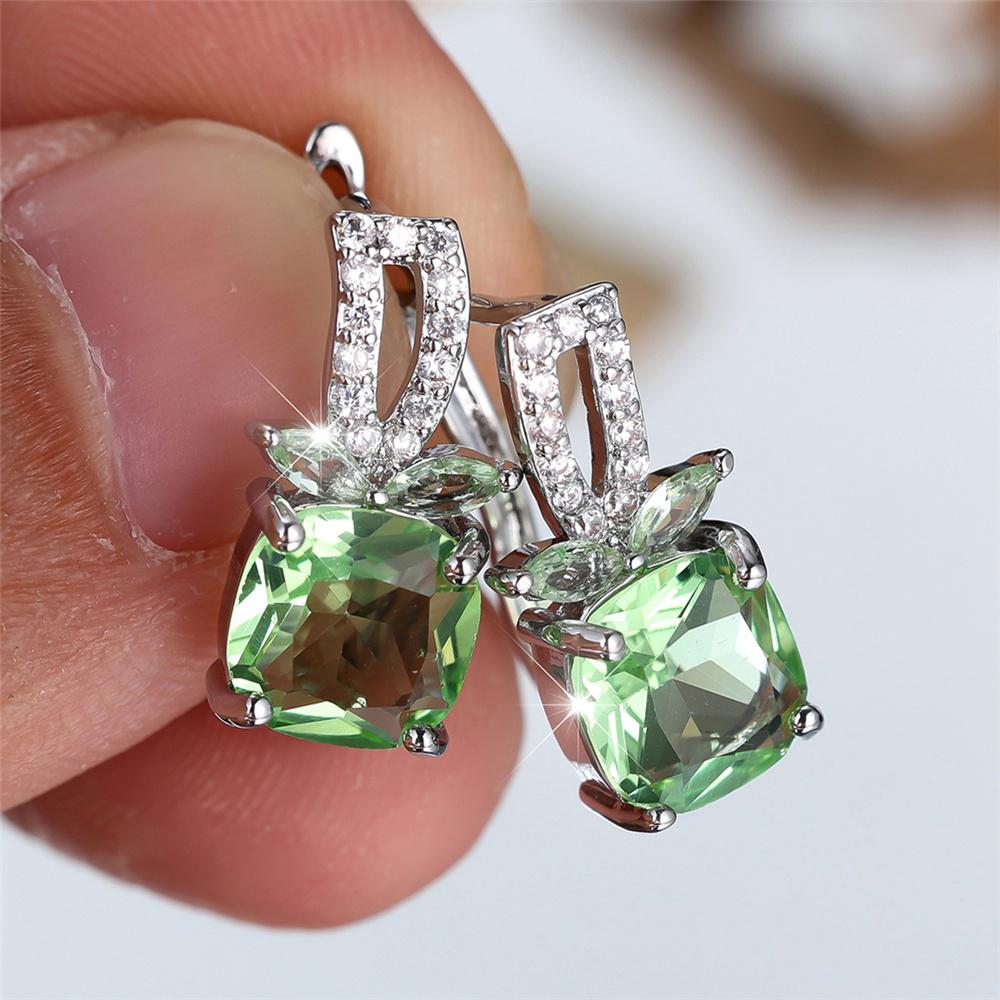Cute Female Apple Green Zircon Stone Square Hoop Earrings Female Silver Color Wedding Jewelry For Women