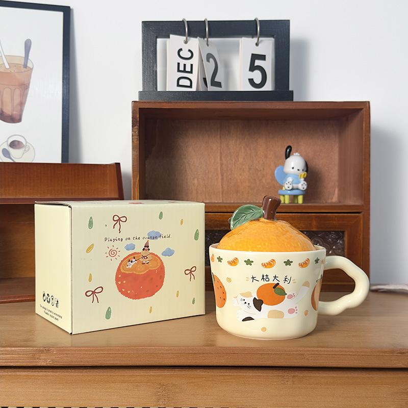 Cute Orange Cat Mug with Lid Creative Good Luck Cup Girls Home Coffee Cup Chinese New Year Gift