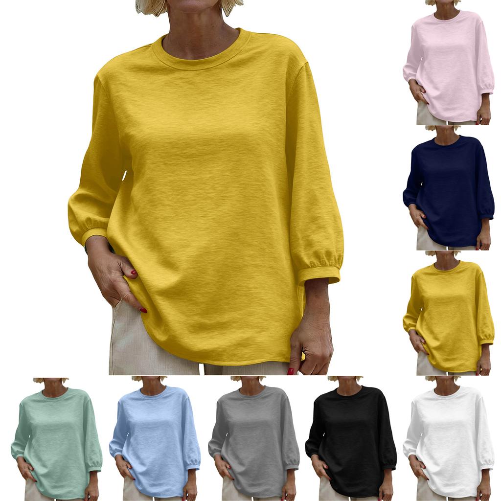 Women Loose Fit Crew Neck Three Quarter Sleeve Casual Solid Pullover Top Comfortable Relaxed Basic T Shirt Blouse