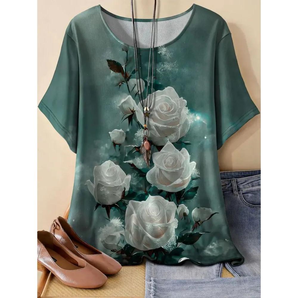 Damen Kurzarm T-Shirt Modisches Buntes Blumenmuster Bequem Locker Oversize Rundhals T-Shirt