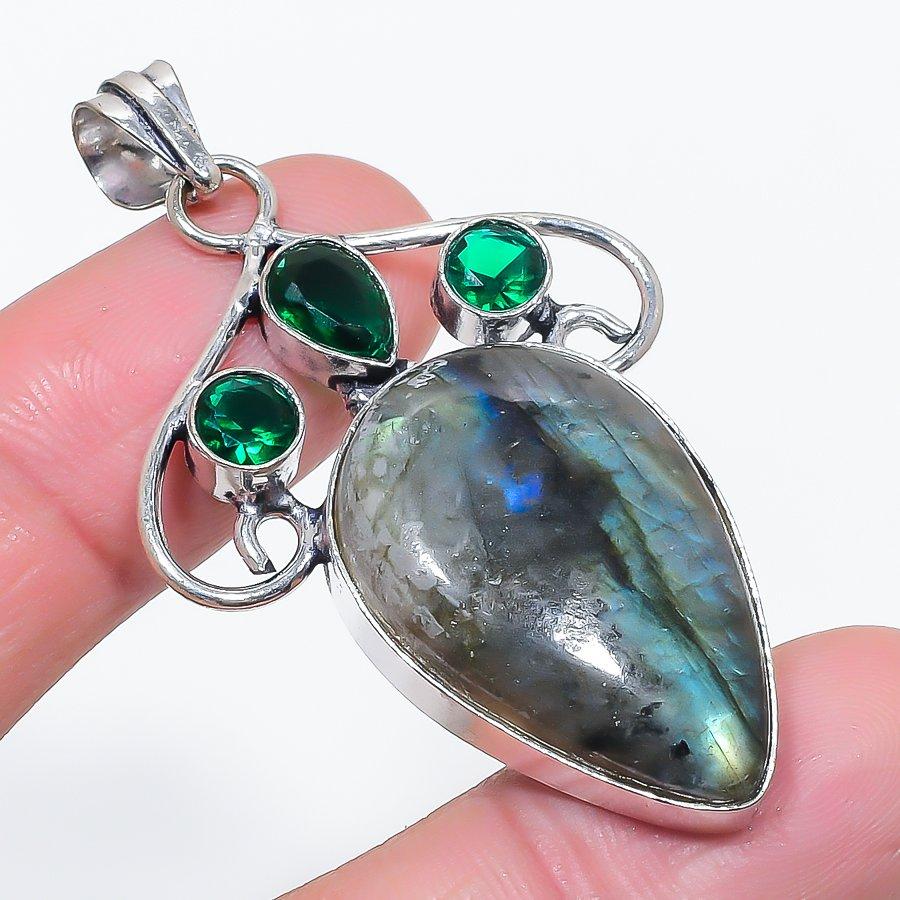Natural Labradorite, Diopside 925 Sterling Silver Jewelry Pendant 2.32" N3Y37