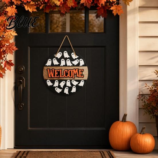 Halloween Door Sign Hanging Sign Wooden Front Hanger Wreath Cute Durable Ghost Welcome for Porch Wall Indoor Home Decoration