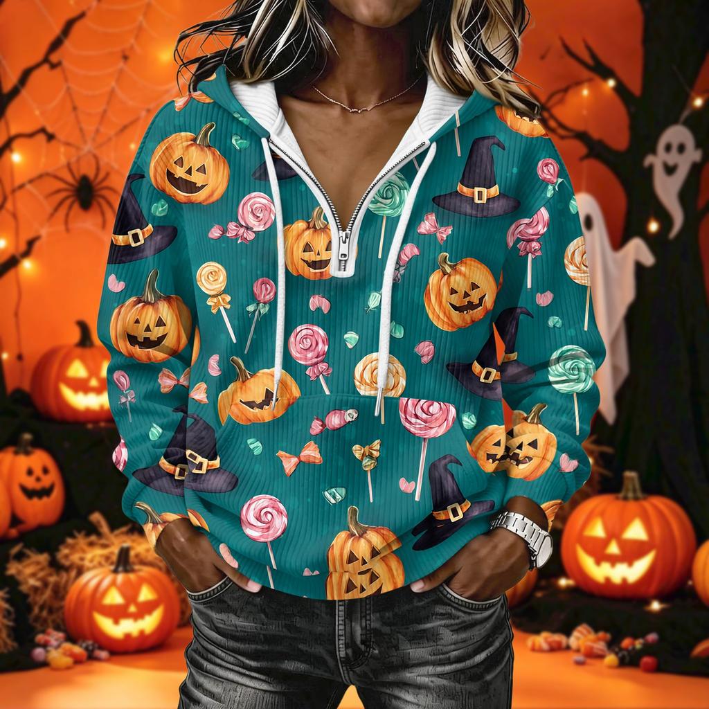 Women's Long Sleeve Halloween Print Pullover Hoodie Sweatshirt with