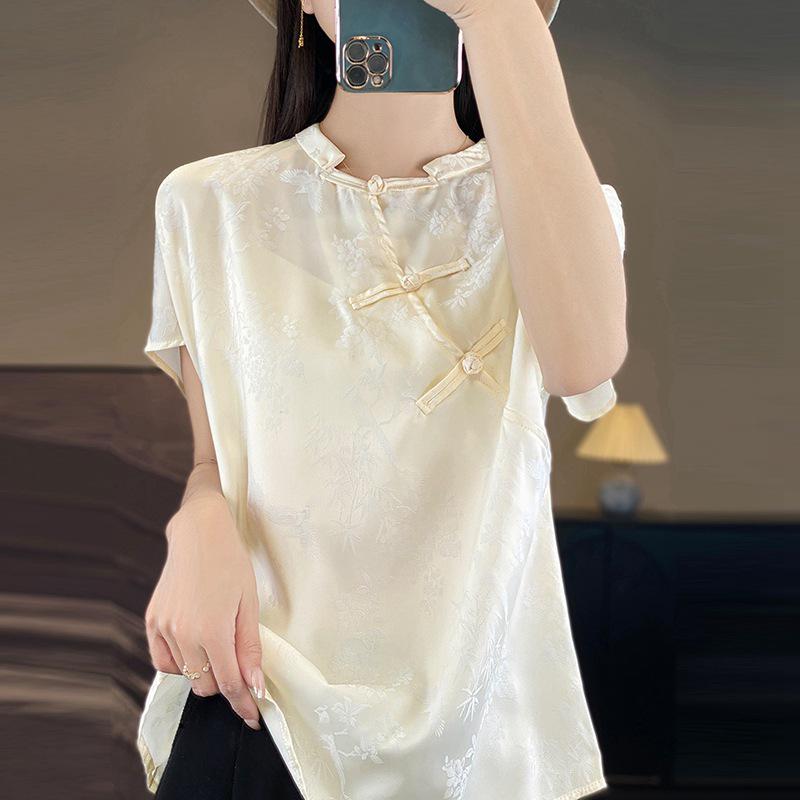 

2025 Summer Chinese Style Faux Silk Jacquard Frog Button Top for Women L
