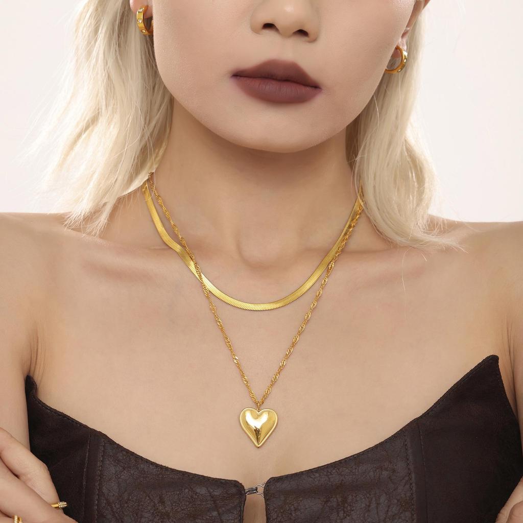 Qiong Yao 18K Gold Plated Stainless Steel Double Layer Heart Necklace with Water Ripple Chain