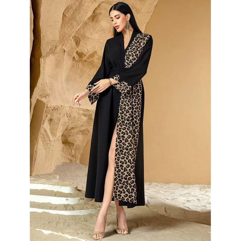 

New Patchwork Leopard Print Cardigan Lace-up Robe Dress Splicing Leopard Print Dress Black 2XL