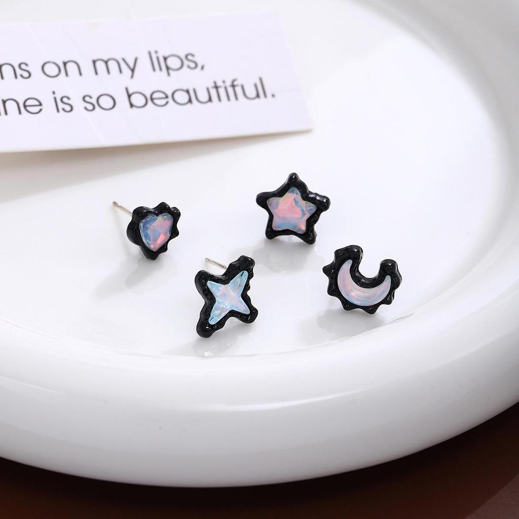 High-End Silver Needle Stud Earrings with Clear Blue and Pink Stars & Moon - Autumn/Winter Style