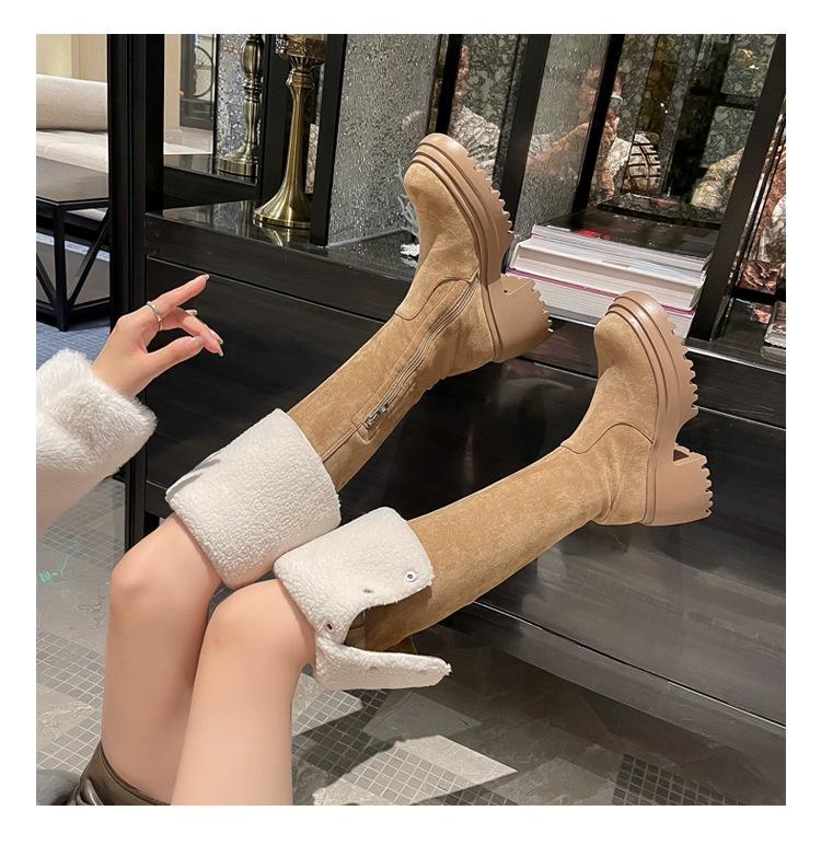 Over-knee boots retro two-wear leather boots autumn and winter new velvet thickened western boots tall knight boots