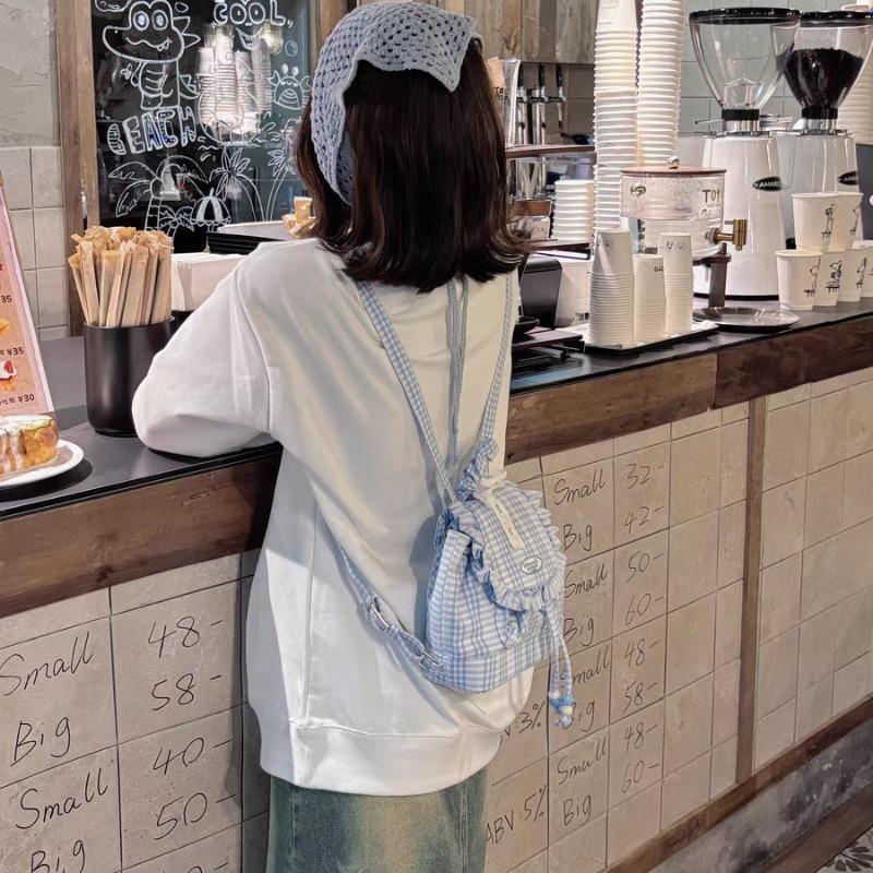 Blue lace plaid backpack women's  new sweet ruffle edge backpack college style commuter bag