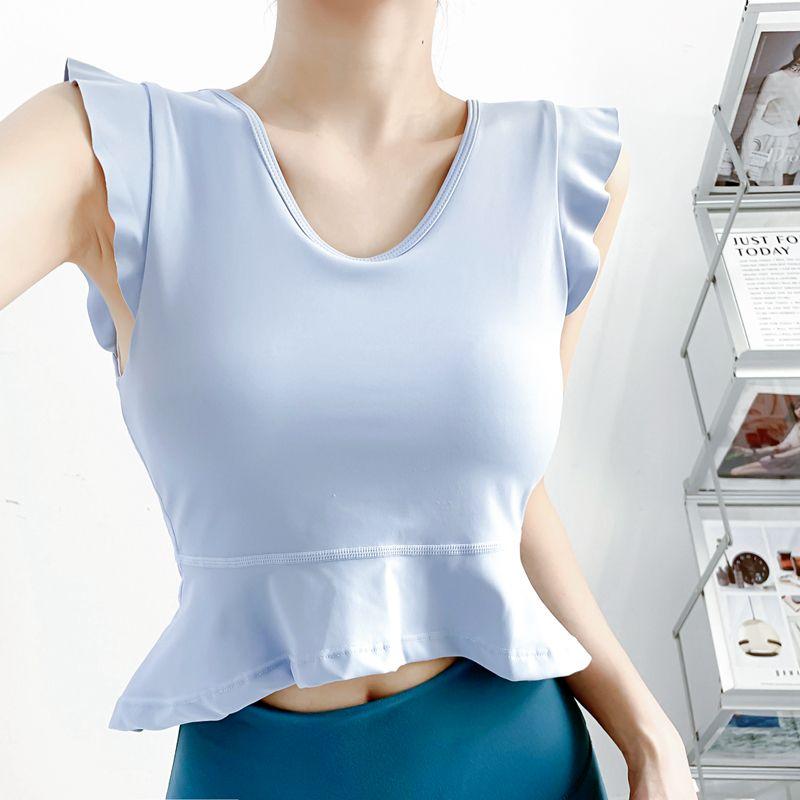 

Yoga Clothes with Chest Pad Beauty Back Vest Spring/Summer New Arrival Nude Feel Running Sports Fitness Ruffles Long Sleeves Tops Women Light Blue S