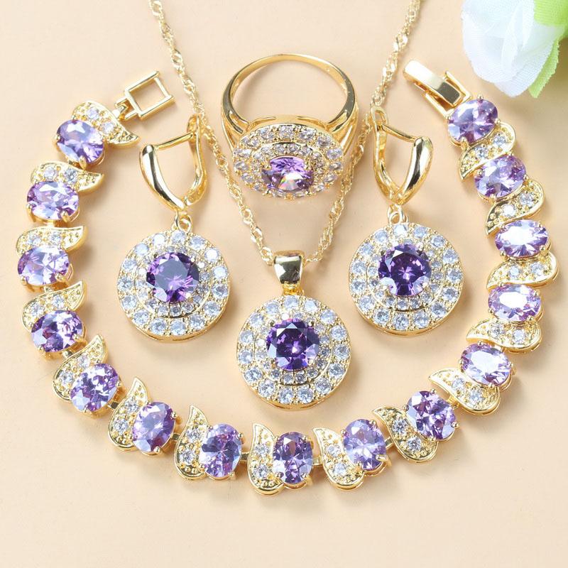 Simple Round Bridal Four-Piece Suit White Zircon Crystal Gold Color Women Jewelry Sets Dangle Earrings/Bracelet/Ring 6-Colors