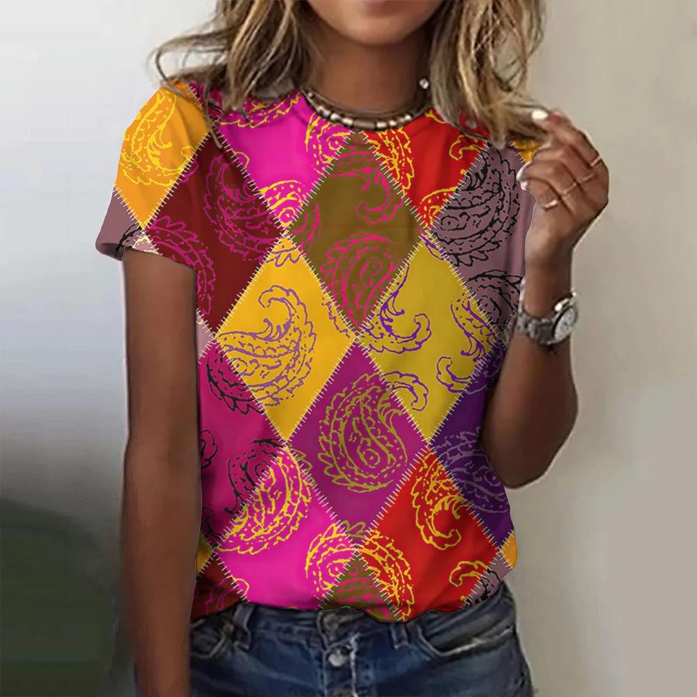 Plaid Printing Women's Printing Fashion Crew Neck Short Sleeve Casual Daily Wide T-Shirt Clothing