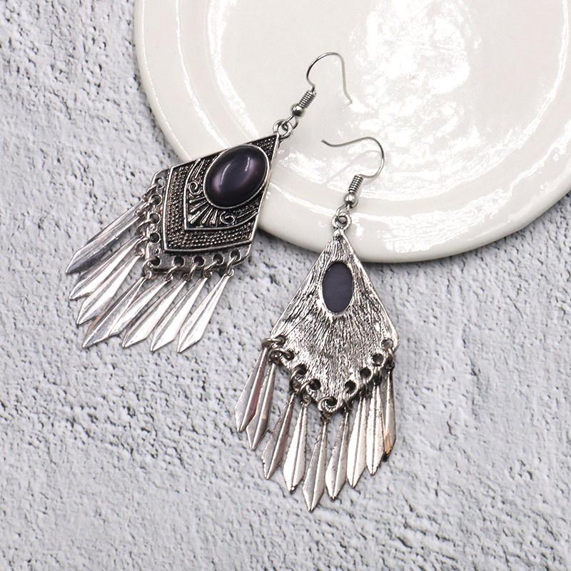 GemChic Women's New Vintage Rhomboid Natural Stone Long Tassel Fringe Earrings Ethnic Fashion Hook Earrings Birthday Christmas Jewelry Gift