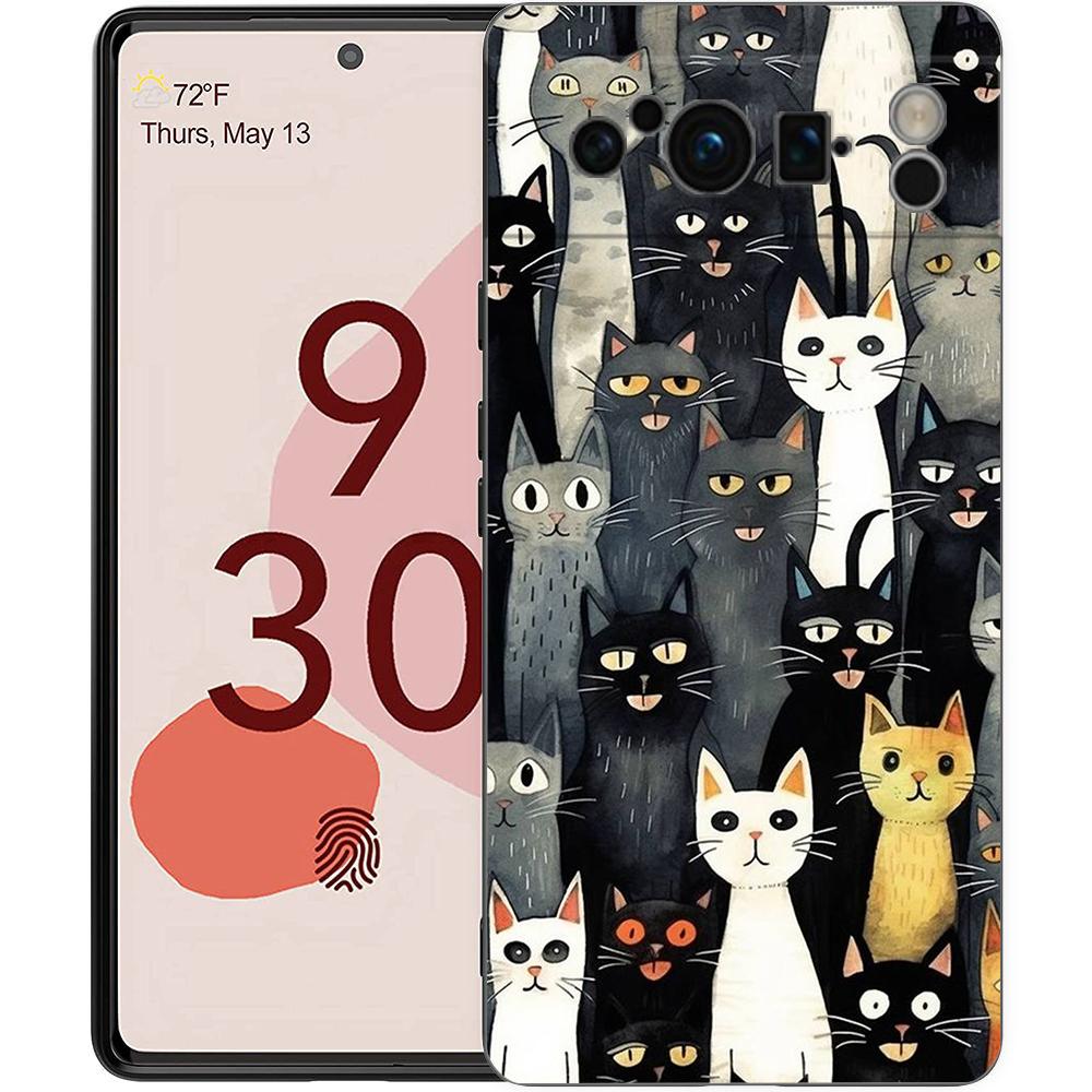 Phone Case For Google Pixel 8 A 7 6 Pro 6A 5G Black Soft Shockproof Back Cover Silicone TPU Shell Coque Cat-Printed
