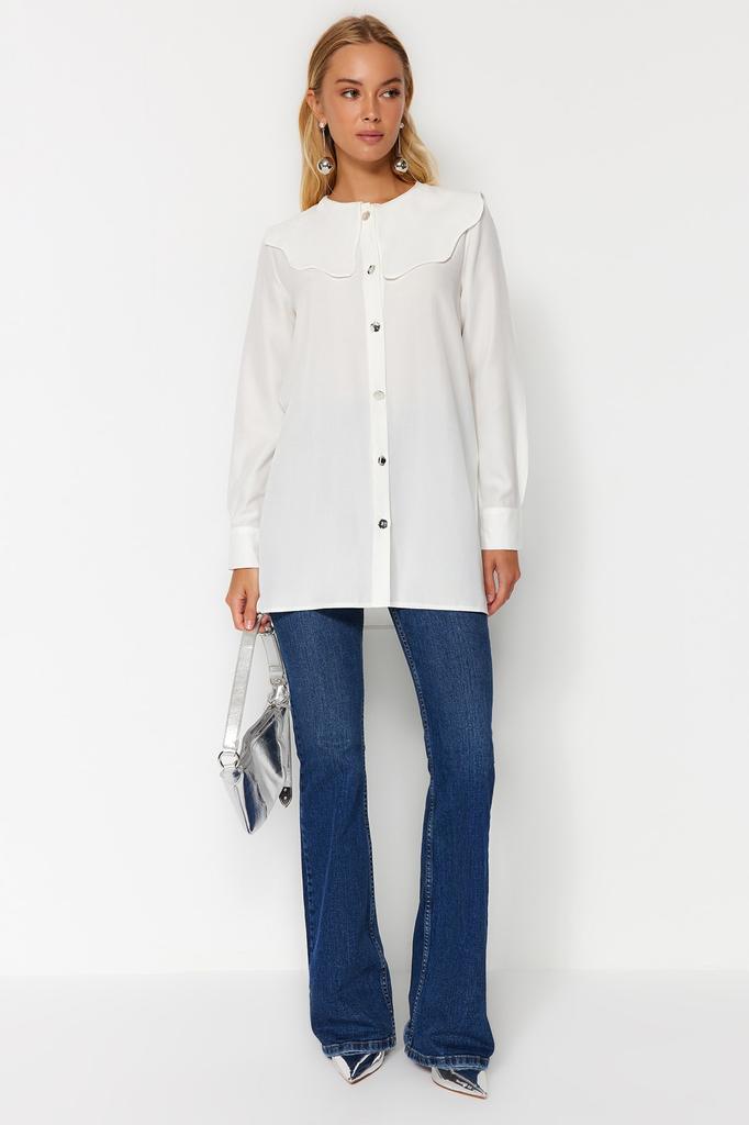 Damenmode Neues Hijab-Hemd Weiß Silberfarbenes Knopfdetail Babykragen Baumwollhemd