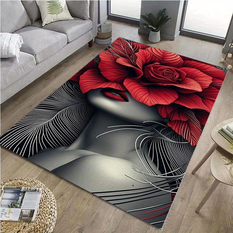 1PC Soft Polyester Rectangular Carpet with Red Rose and Woman Design, Washable for Living Room, Outdoor, Patio, Kitchen, Bedroom