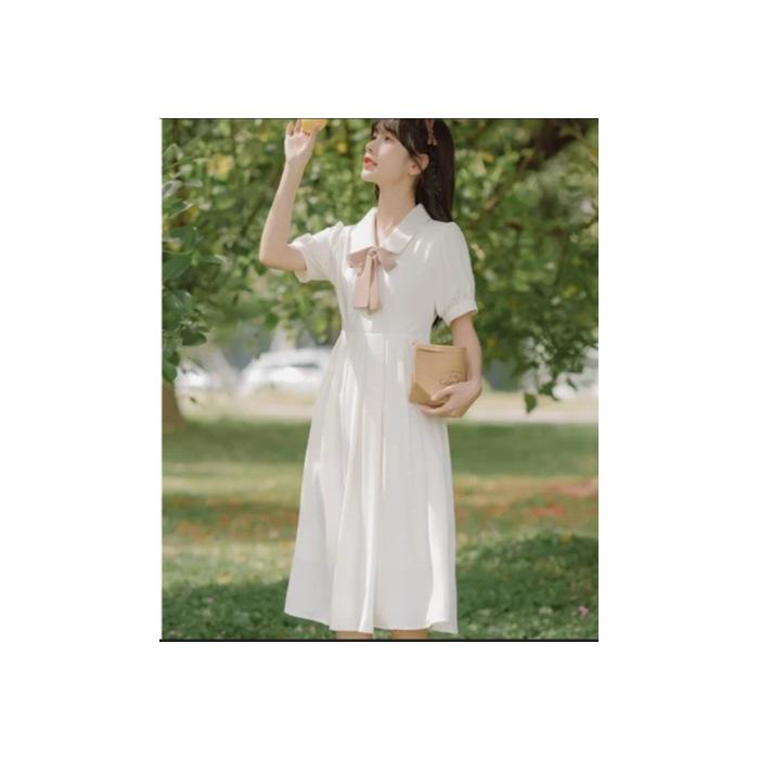 Summer New POLO Collar Waist Small Short-sleeved Dress Women's Bow Teaching Interview Medium and Long Dress