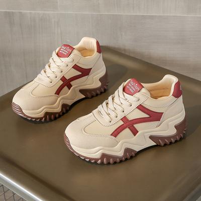 New Color Block Shoes Thick Sole Heightened Leather Sports Shoes Fashionable Student Women's Shoes Korean Style