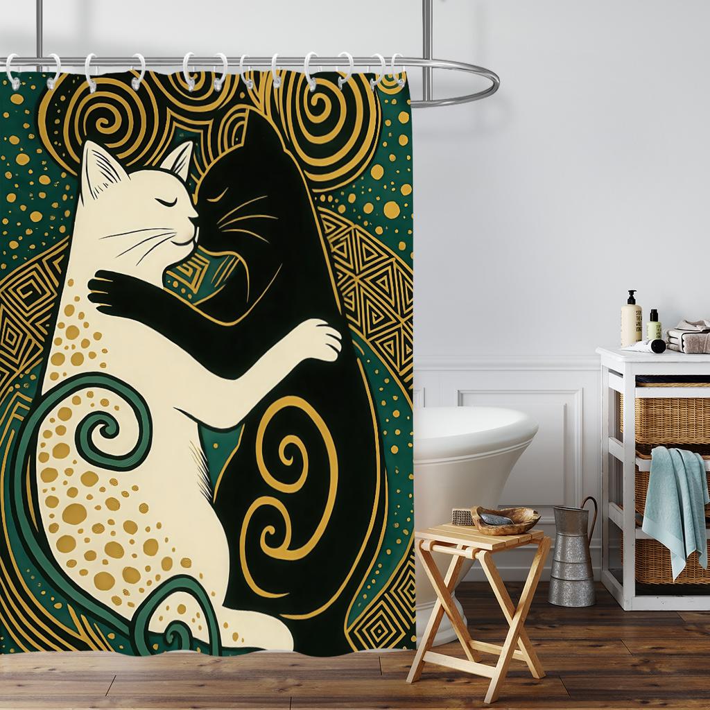 1Pc Ancient Greek Cat Print Waterproof Perforated Shower Curtain Bathe Partition Privacy Multi Size 12 Hooks Easy Installation