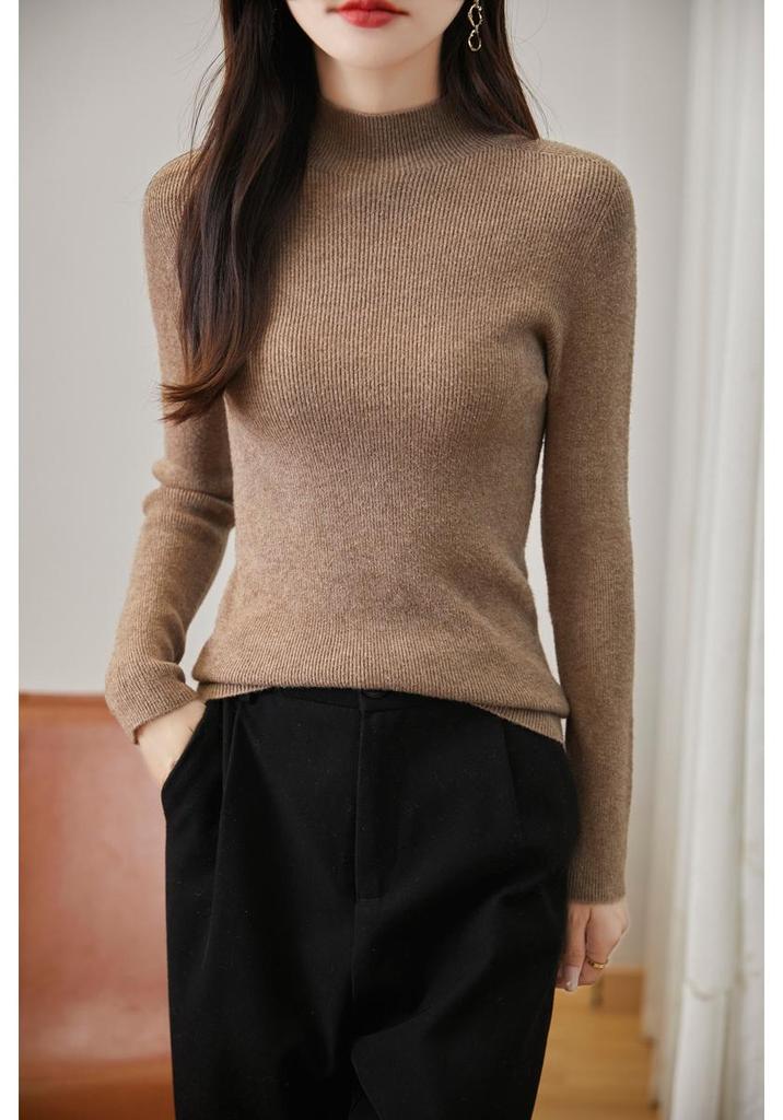 Women's Seamless Ribbed Mock Neck Sweater - High-Grade Texture for Autumn & Winter