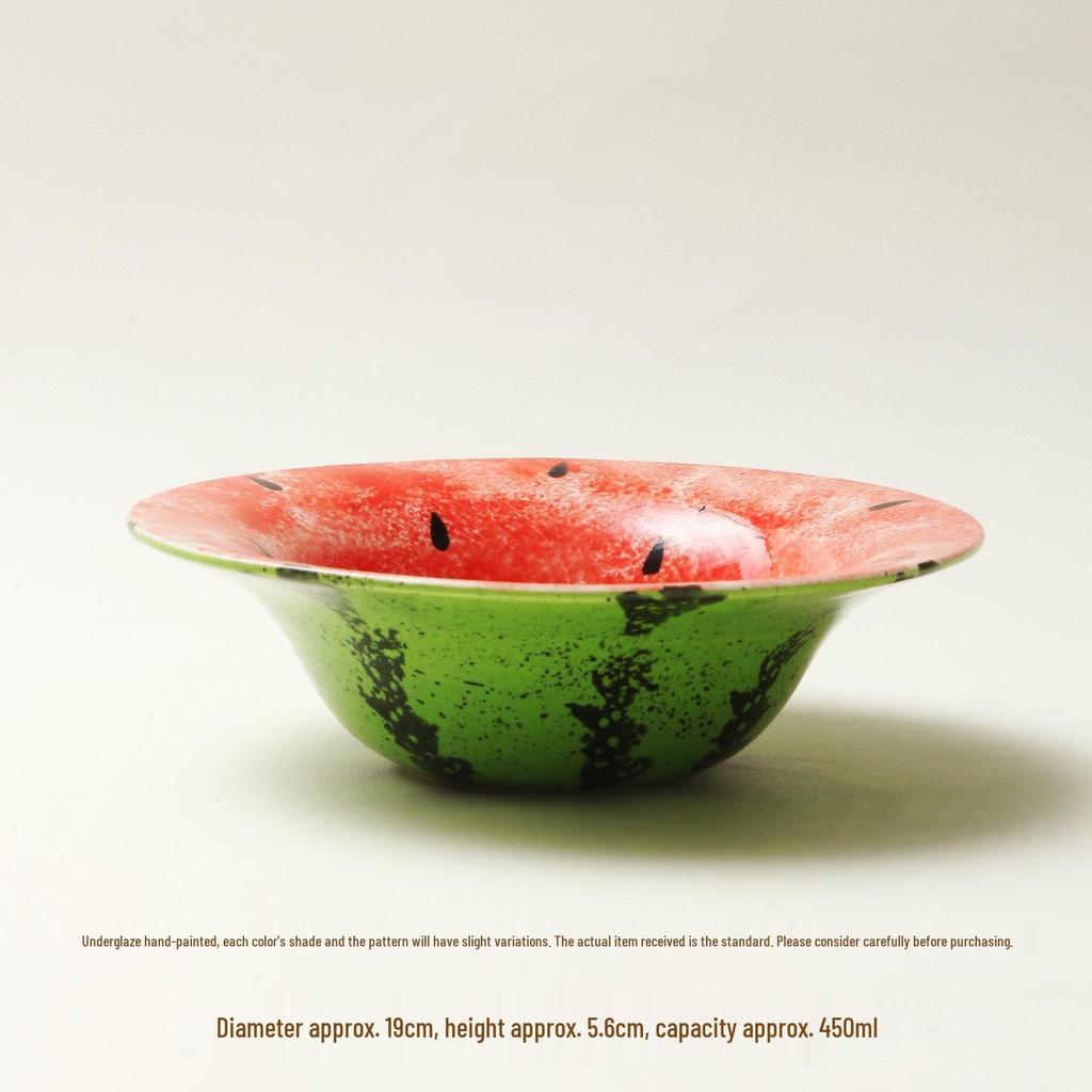 Ciotola per noodle in ceramica con design anguria dipinto a mano, colore sottosmalto e motivo a lumaca