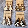 Wood Christmas Tree Dangle Earrings Women Leopard Grow Print Genuine Leather Christmas Earring New Year Ear Jewelry Gift