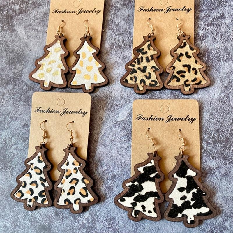 Wood Christmas Tree Dangle Earrings Women Leopard Grow Print Genuine Leather Christmas Earring New Year Ear Jewelry Gift