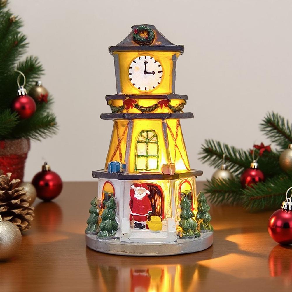 Lighted Decorative Christmas Village Clock Tower Ornament with LED Illumination for Festive Desktop Presentation