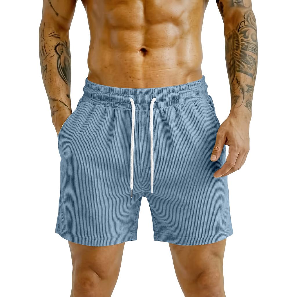 Men Corduroy Casual Shorts Elastic Waist Drawstring Loose Fit Outdoor Sports Beach Shorts with Pockets for Summer