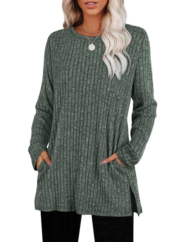 Women's Ribbed Knit Long Sleeve Tunic Top Crew Neck Side Split Casual Blouse With Pockets