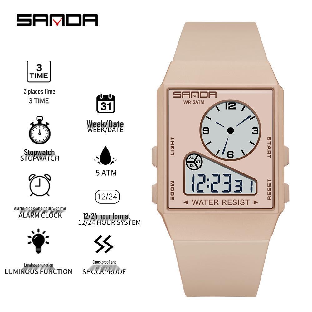 Sanda Lightweight Minimalist Sports Watch: Multi-functional Square Electronic Wristwatch for Men and Women