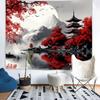 Japanese Red Maple Tapestry, Black And White Fuji With Red Trees And Pagoda By Lake Print Wall Hanging For Bedroom Living Room