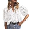 Women Tops V-Neck Puff Short Sleeves Hollow Out Crochet Shirt Solid Color Loose Fit Blouse Outdoor Leisure Wear