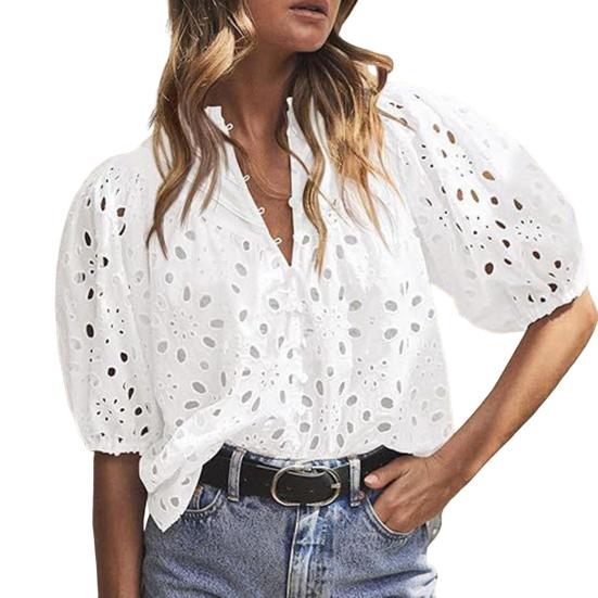Women Tops V-Neck Puff Short Sleeves Hollow Out Crochet Shirt Solid Color Loose Fit Blouse Outdoor Leisure Wear