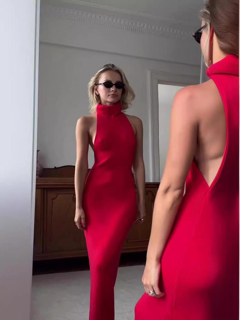 2024 Summer European & American Solid Color Deep V Backless Hip-Hugging Dress for Women