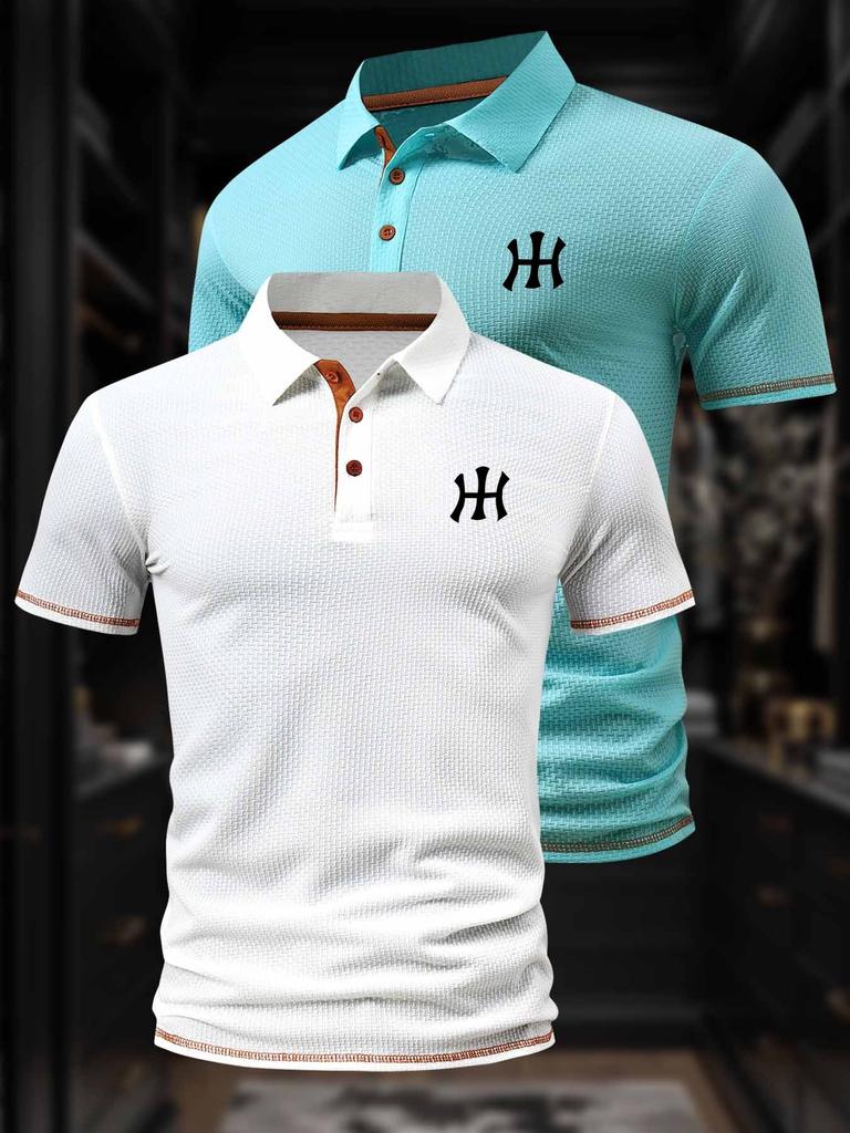 2 Pcs Men's Polo Shirts - Short Sleeve Casual Polo T Shirt Color Block & Stand Collar Slim Fit Golf Shirts