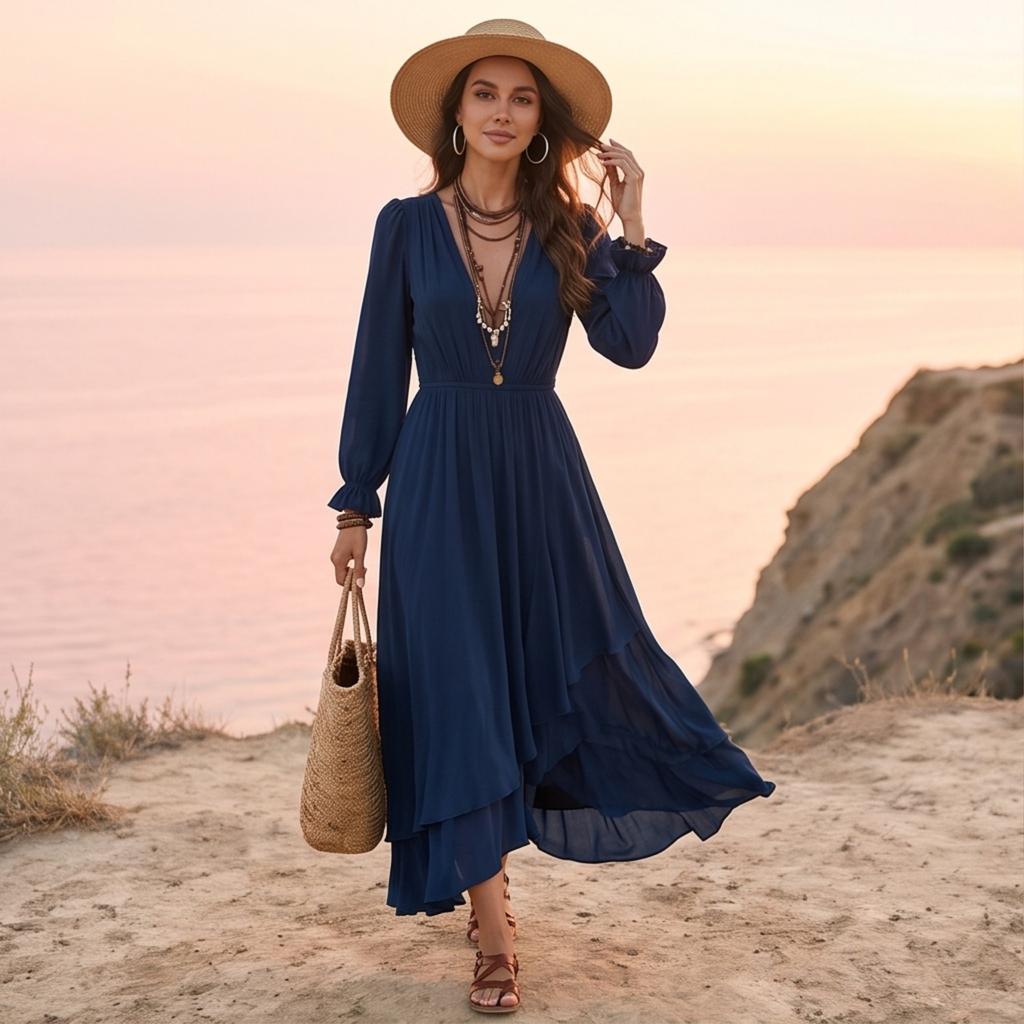 Women's Color Chiffon V-Neck Long Sleeve Bohemian Dress with Asymmetrical Ruffle Hem