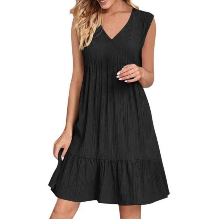 

Cotton Linen Summer Dress Sleeveless V Neck Mini Tank Casual Women Beach Sundress Flowy Tiered A Line S чёрный