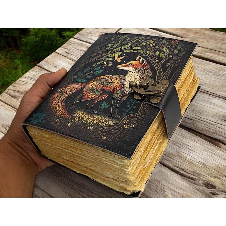 Fox Vintage Handmade Leather Journal, Grimoire Fat Journal Blank Spell Book of Shadows Celestial Christmas Gifts For Him Her