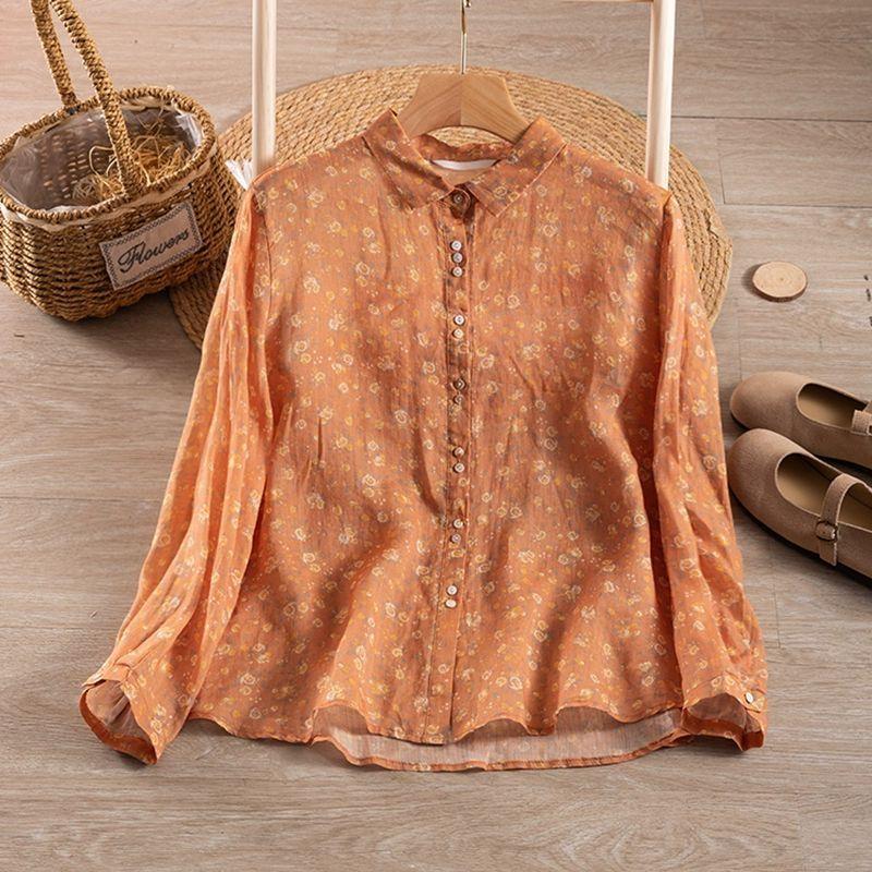 Women S Loose Long Sleeve Printed Cotton Linen Shirt M оранжевый