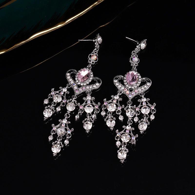 Pink Crystal Heart & Tassel Teardrop Earrings - Simple, Long, Sweet Style for Women