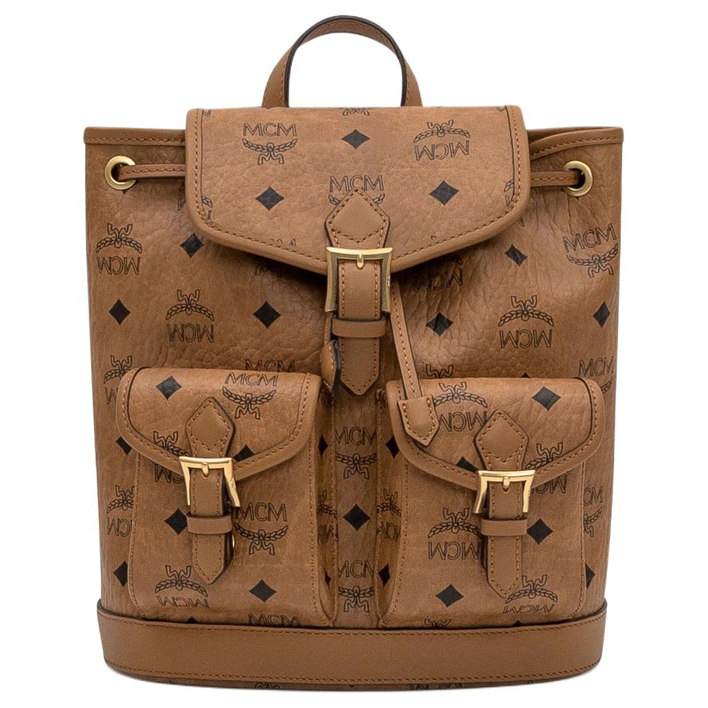 MCM Classic Logo Buckle Leather Backpack Regular Women backpack Brown MWKFATA02