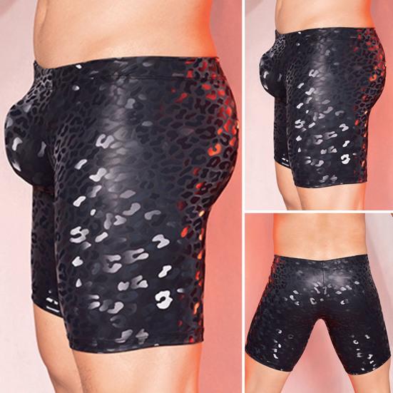 Herren Kunstleder Unterwäsche Mid-rise 3D U-konvexen Schlange Leopard Print Shorts Höschen Stretchy Skinny