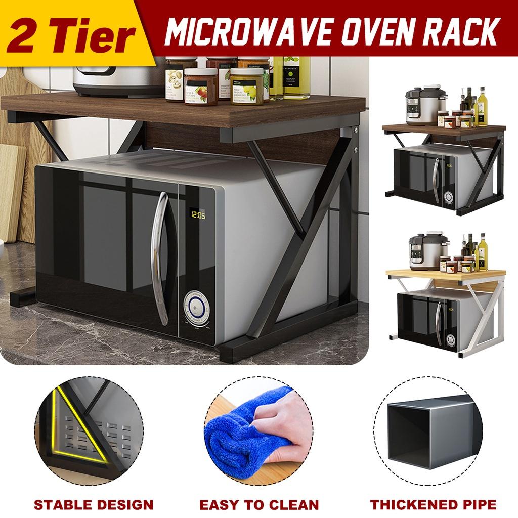 2 Tier Microwave Oven Stand Wood Storage Rack Shelf Z Shape Space Saving Kitchen Bracket Cabinet Organizer Metal + Wood 21.25x13.77x14.17in