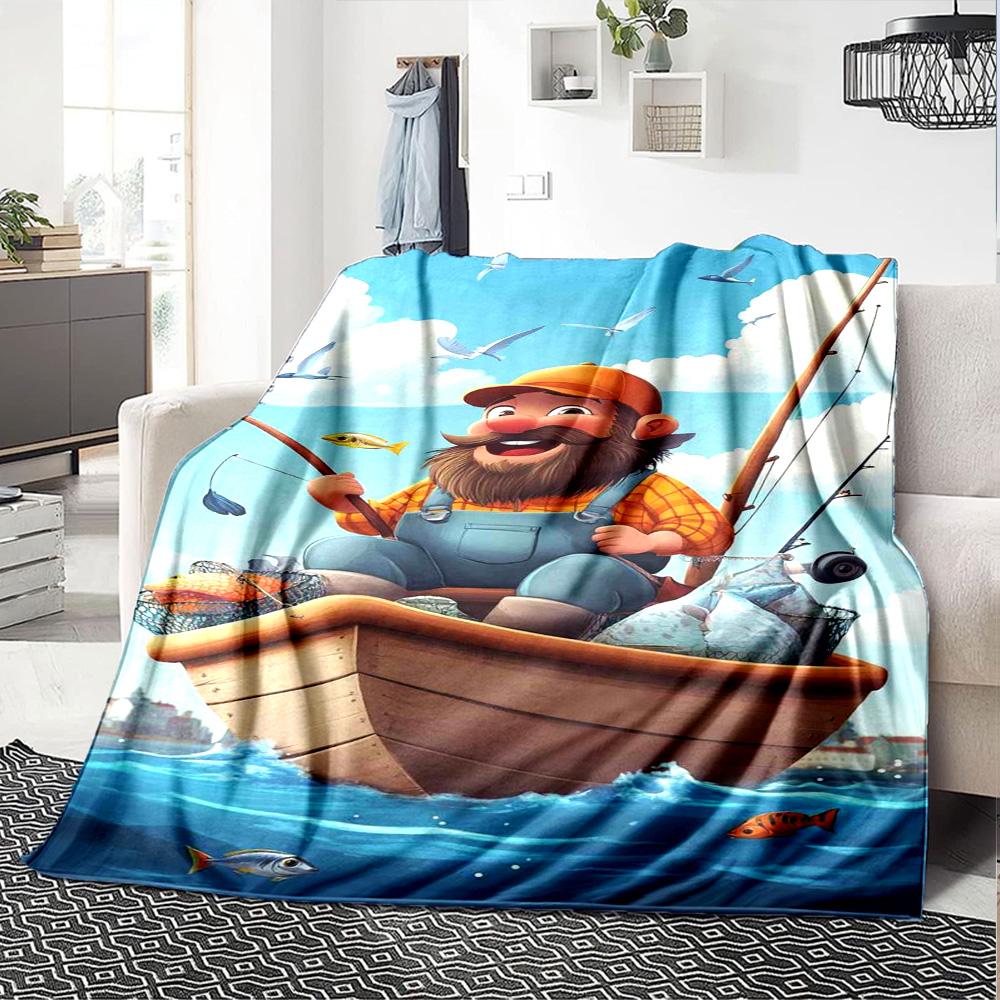 Cartoon Fisherman Boat Ocean Fish Print Flannel Throw Blanket Soft Plush Blanket for Sofa Couch Bedroom Home Decor