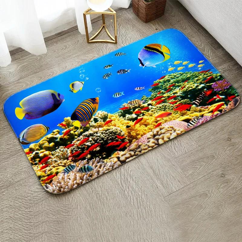 Fun Starfish Shark Beach Ocean Elements Welcome Floor Mat Entrance Doormats Kitchen Rug Home Decor Anti-slip Washable Carpet